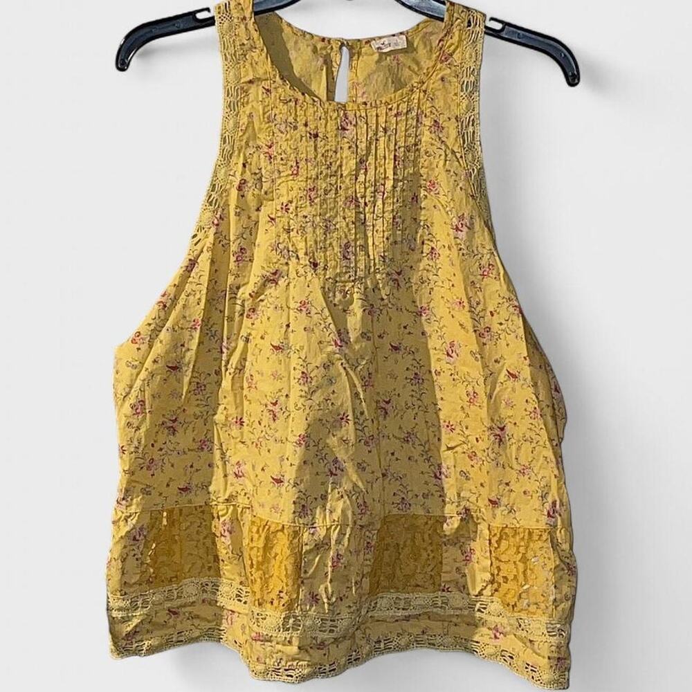 Hollister Golden Yellow Floral Lace Trim Round Neck Sleeveless Top - Size L